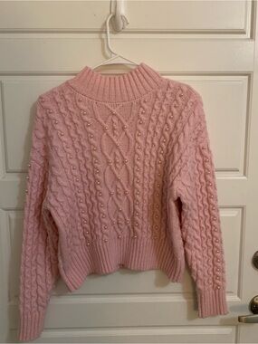 Design History Pink Pearl-Accent Cable Knit Mock Neck Sweater